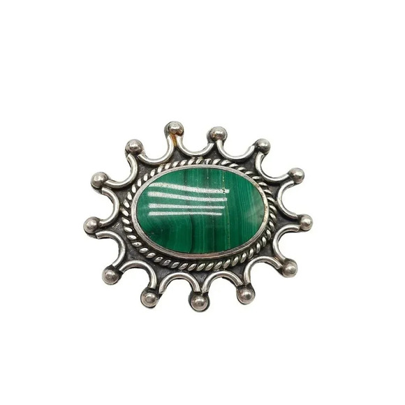Taxco Jewelry - Vintage Taxco Mexican 925 Sterling Silver SUN Malachite Brooch Pin 19.92 Grams